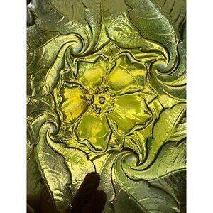 Yellow Indiana Glass Wild Rose Cake Plate no chips cracks Stunning 12" with hand